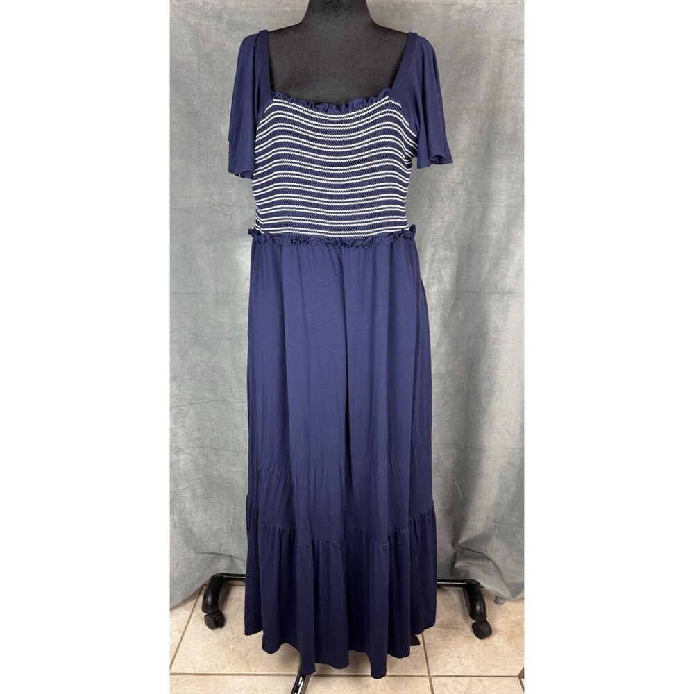 Lane Bryant Maxi Dress 22/24 Blue Smocked Ruffle Flutter Sleeve Cotton Nautical